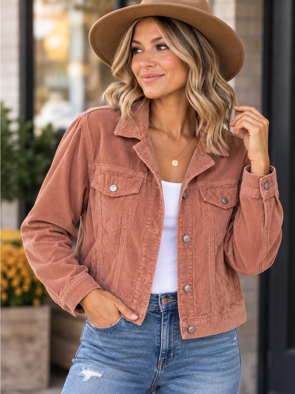 American Eagle Womens L Corduroy Trucker Jacket Dusty Rose Brown Cropped Shacket